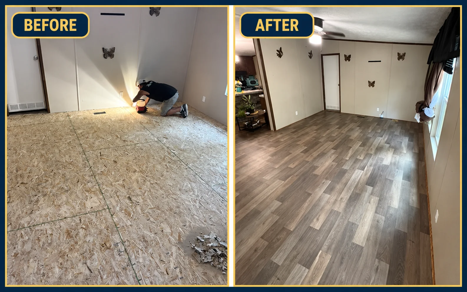 Before and after view of manufactured home subfloor preparation and completed wood-look flooring