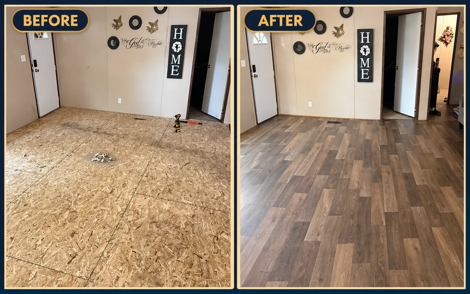 Before and after manufactured home flooring installation showing exposed subfloor and finished wood-look flooring